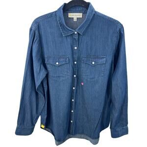 Kerri Rosenthal Shirt Mia Chambray Dark Denim Button Down Elbow Patch Size Large